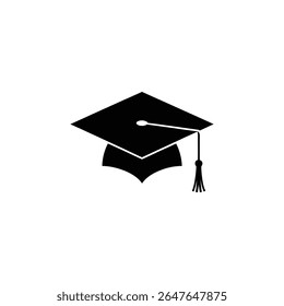 A stylized black graduation cap is isolated on a white background. The graduation hat is complete with a white tassel and cord, symbolizing academic achievement.