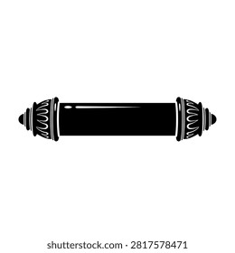 A stylized black graphic of a decorative scroll holder with ornate ends, isolated on a white background.