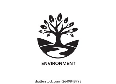 A stylized black graphic depicts a flourishing tree with leaves and branches, rooted in rolling hills with a winding path, symbolizing nature and environmentalism, isolated on white background.