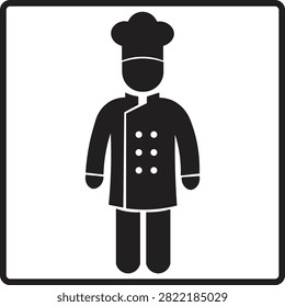 A stylized black graphic representing a culinary expert or cook wearing a classic double breasted jacket and tall hat