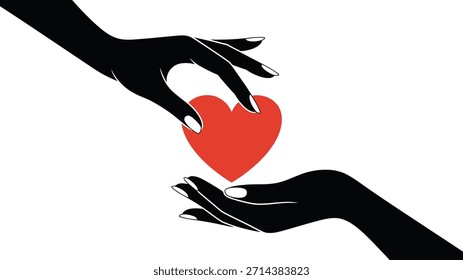 Manos negras estilizadas que alcanzan un audaz corazón rojo, que simboliza el amor, el cuidado, la generosidad y la conexión contra un fondo blanco nítido.
