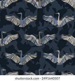 Stylized Black heron bird seamless pattern. For interior decoration, textiles. Fashionable home decor. Vector illustration texture.