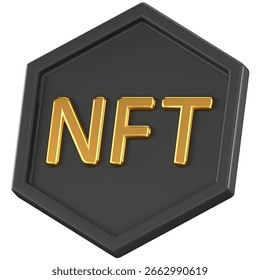 Un hexágono negro estilizado con texto "NFT", que representa el fenómeno de los activos digitales. Perfecto para proyectos relacionados con blockchain, arte digital y discusiones sobre criptomonedas.