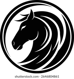 Silhueta estilizada de cabeça de cavalo preto dentro de um emblema circular