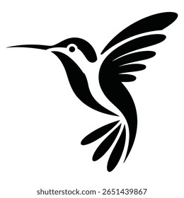 Stylized black hummingbird silhouette against white background simple lines elegant design monochrome graphic