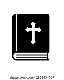 A stylized black icon of a closed book, representing a Bible, with a prominent white cross on its cover.