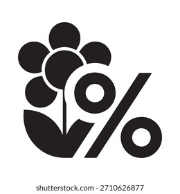 Un icono negro estilizado que combina una flor floreciente con un signo porcentual, que representa el crecimiento, los descuentos o los ahorros financieros.