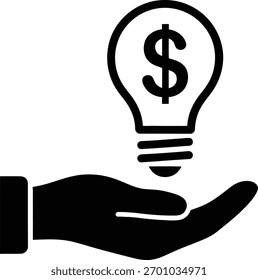 Um ícone preto estilizado retrata uma mão aberta segurando uma lâmpada com um símbolo de dólar dentro, simbolizando ideias financeiras, inovação e oportunidades de investimento.

