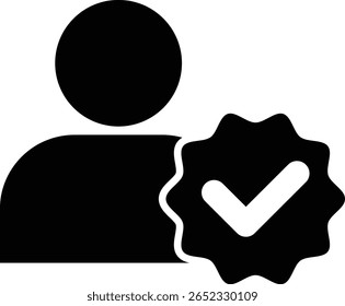 Um ícone em preto estilizado representa uma silhueta de perfil do usuário com uma marca de seleção branca proeminente dentro de um emblema starburst, significando verificação, aprovação ou uma tarefa concluída.