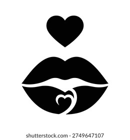 A stylized black icon featuring sensuous lips with a heart shape inside and a heart symbol above. Perfect for themes of love, romance, beauty, and Valentine's Day.
