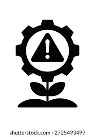 Icono negro estilizado de un engranaje con un símbolo de advertencia interno que se asemeja a una planta en flor con hojas y tierra
