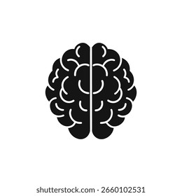 Un icono negro estilizado de un cerebro humano, visto desde arriba, aislado sobre un fondo blanco limpio. Este gráfico representa el intelecto y el pensamiento.