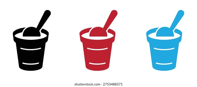 Stylized black icon of a paper cup filled with whipped cream and a spoon representing desserts and treats white background