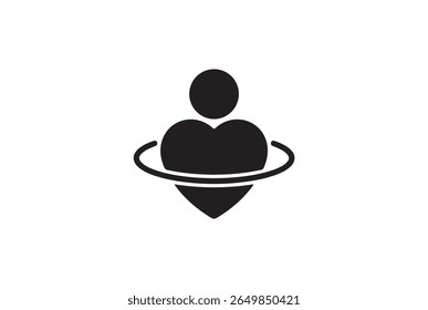 A stylized black icon of a person with a heart shape and a circular orbit around it, representing health, love, or protection. Isolated on white background.