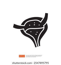 A stylized black icon representing a bladder with connecting tubes, symbolizing the urinary system in a simplistic graphic design.