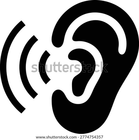 Stylized black icon representing an ear with sound waves emanating outwards symbolizing hearing and listening concepts