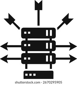 A stylized black icon representing a server rack with arrows pointing in and out, symbolizing data transfer, network connectivity, and information flow within a digital system.