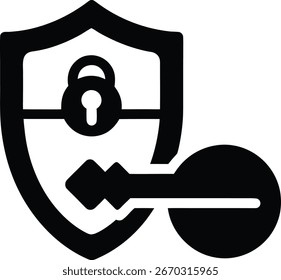 Un icono negro estilizado que representa un escudo con una cerradura y una llave, que simboliza la protección de datos, el control de acceso y la seguridad digital. Aislado sobre un fondo blanco limpio para uso versátil en varios