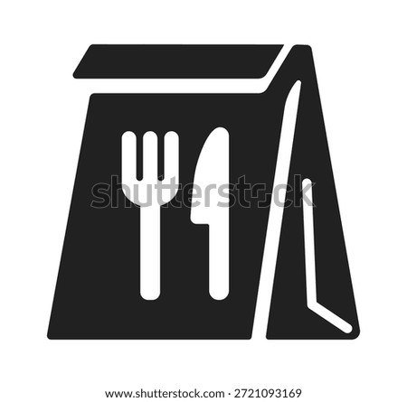 Stylized black icon of a takeout bag with fork and knife illustrations.