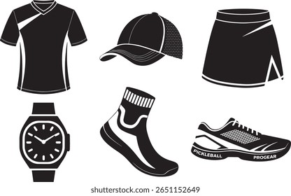 Ícones pretos estilizados, incluindo roupas de pickleball camisa cap saia meias sapatos esportivos e assistir útil para as promoções de lojas de fitness ou material de marca atlética