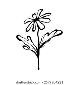 A stylized black ink drawing depicts a single flower with leaves on a white background showcasing simple lines and minimalist style.