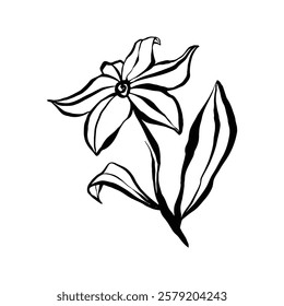 A stylized black ink drawing of a single flower with leaves, presented in a minimalist style against a white background.