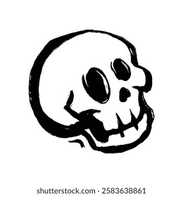 A stylized black ink drawing of a skull