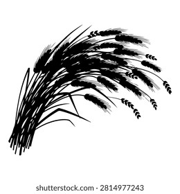Stylized black ink drawing of wheat stalks with expressive brush strokes, emphasizing artistic interpretation and organic natural forms.