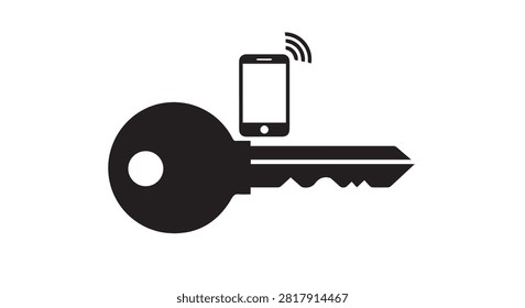 Stylized black key with smartphone wireless unlock icon representing digital access and security