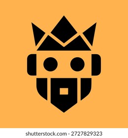 Um ícone de rei preto estilizado com uma coroa e barba, colocado contra um fundo laranja vibrante.