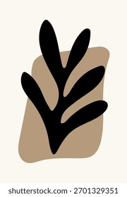 Hoja negra estilizada con ramas curvas sobre una forma orgánica marrón sobre fondo beige claro