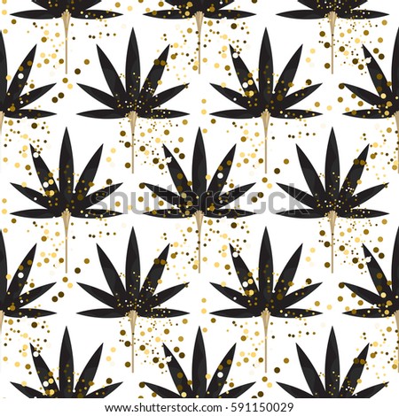 Stylized black leaf gold glitter seamless pattern. Floral repeating ornament with decorative leaves.
