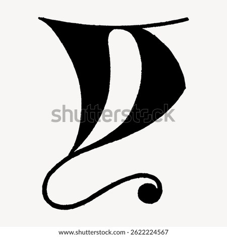 Stylized black letter 'D' with elegant curves and bold lines. Artistic 'D' design with decorative elements. Creative typography with unique 'D' style. Vintage font isolated vector.