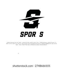Stylized black letter s design with sports text and lorem ipsum