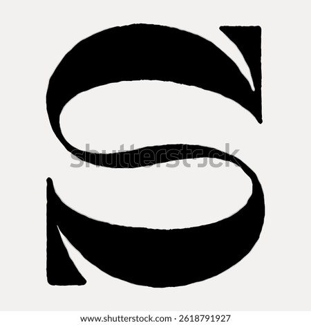 Stylized black letter 'S' with elegant curves on a light background. The letter 'S' is bold and artistic, creating a striking visual impact. Vintage font isolated vector.