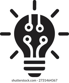Un icono de bombilla negra estilizada con circuitos internos, líneas radiantes, que simbolizan la innovación, la tecnología y la generación de nuevas ideas.