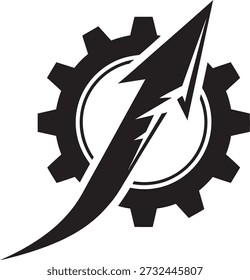 Logo estilizado de un rayo negro superpuesto sobre un engranaje, presentado en un llamativo diseño en blanco y negro.