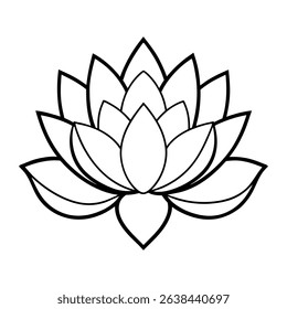 Stylized black line art lotus flower. Isolated on a white background, this simple design is perfect for logos, tattoos, or any project needing a clean, elegant floral element.
