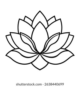 Stylized black line art lotus flower. Clean, simple design, isolated on a white background. Perfect for logos, tattoos, or spiritual designs.