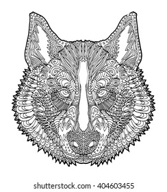 Stylized black line art  wolf portrait on white background.