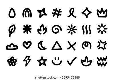 Stylized Black Line Doodle Icons Arranged in a Grid Formation, Featuring Hand-Drawn Abstract Symbols and Minimalist Design Elements for Graphic Design and Artistic Creations