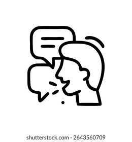Um desenho estilizado de linha preta representa uma pessoa falando, com duas bolhas de fala indicando conversa.
