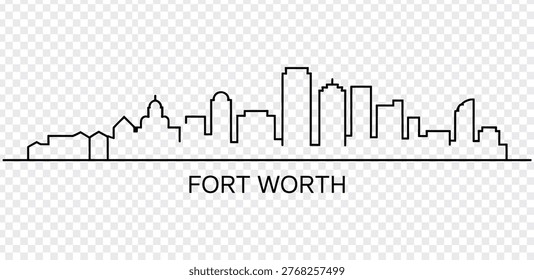 A stylized black line drawing of the Fort Worth city skyline with various building shapes and sizes, presented on a transparent background with a subtle grey and white checkerboard pattern