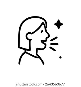 A stylized, black line drawing of a person speaking, with an open mouth and radiating sound effects.