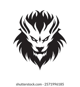 Stylized black lion head illustration with fierce expression and dramatic mane.