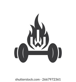 A stylized black logo featuring a dumbbell with a flame-like emblem above it.