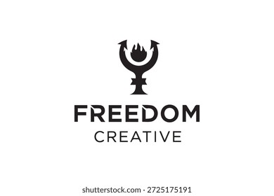 Stilisiertes schwarzes Logo mit einer Flamme und Pfeilen, die kreative Freiheit auf sauberem, weißem Hintergrund symbolisieren