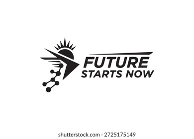Logotipo negro estilizado con un carácter futurista y texto 'El futuro comienza ahora' sobre un fondo blanco limpio
