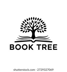 A stylized black logo featuring a tree with leaves growing out of an open book, symbolizing knowledge and growth, on a clean white background.