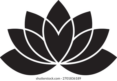 Stylized black lotus flower vector icon on white background representing purity, peace, and growth.